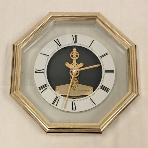 VINTAGE VERICHRON QUARTZ 11 INCH SQUARE WALL SKELETON CLOCK GOLD TONE