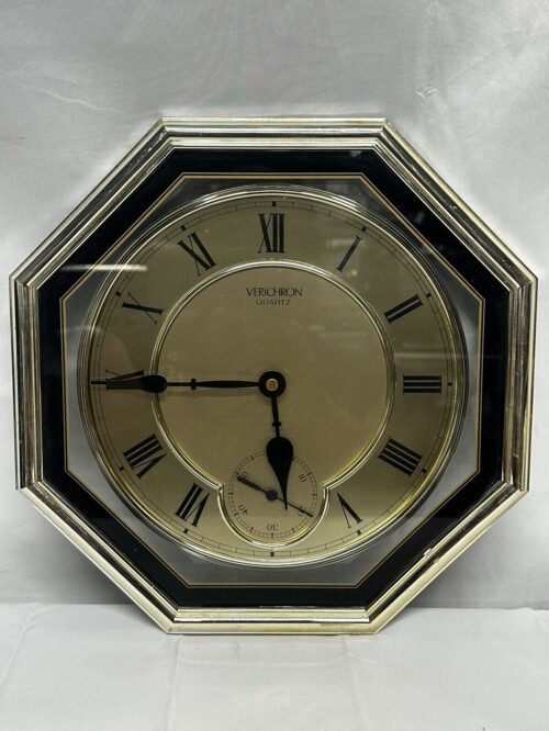 Vintage Verichron Quartz Glass Wall Clock Octagonal Black Silver Works Well