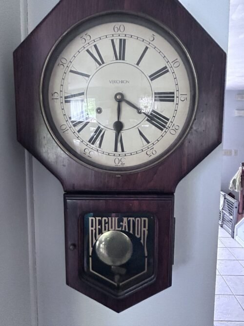 Vintage Verichron Regulator Wall Clock with Key–Pendulum Wood Case–Made in USA