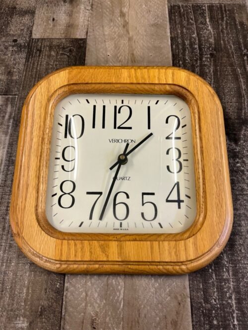 Vintage VERICHRON solid oak wood frame square wall clock 10.5". NICE Tested!