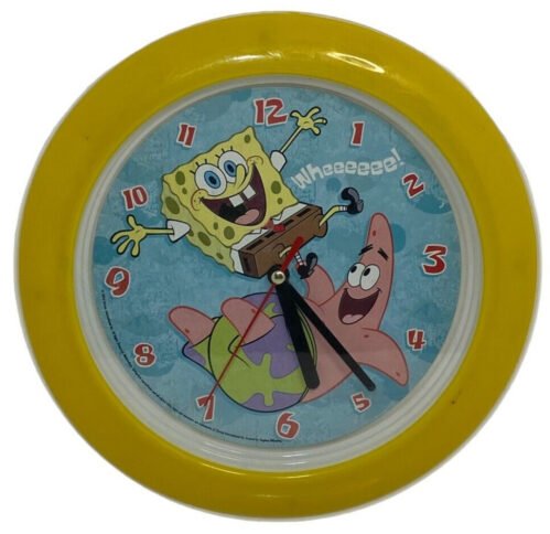 VINTAGE VIACOM SPONGEBOB SQUAREPANTS 9" GLASS FRONT WALL CLOCK YELLOW WORKS