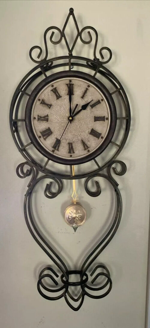 Vintage Victorian Ornate Wrought Iron Pendulum Wall Clock 32" X 10" X 4" inch
