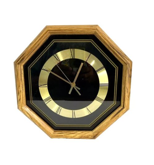 Vintage Wall Clock Linden Quartz Mid Century Wood Oak Finish Octagon WORKS
