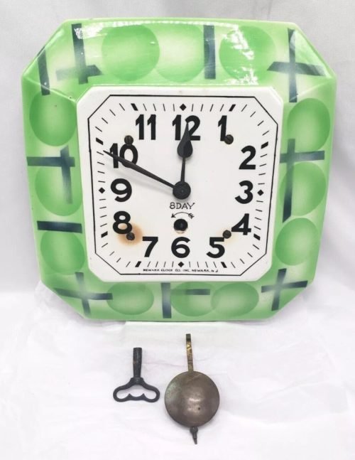 Vintage Wall Clock NEWARK COMPANY Green 8-Day Keywind Pendulum, Art Deco Ceramic