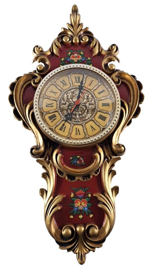 Vintage Wall Clock Red Gold Floral French Louis XV Style Elegant Untested
