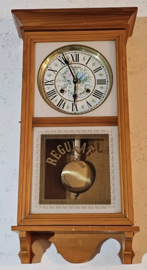 Vintage Waltham Regulator 31 Day Floral Chime Wall Clock Solid Oak with Key