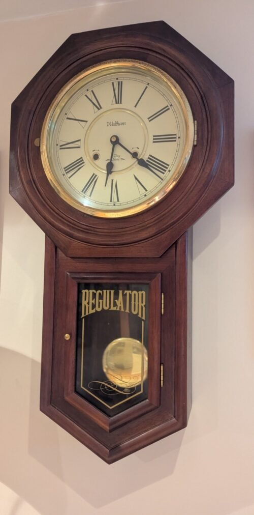 Vintage Waltham Regulator Wall Mechanical Clock With Pendulum. Key Is Included.