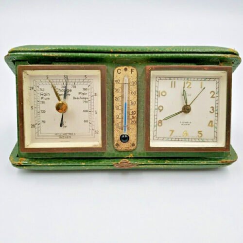 Vintage Welby Travel Alarm Thermometer Barometer Clock RARE Green Color Germany