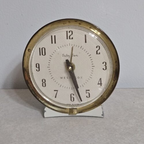 Vintage Westclox Baby Ben Wind Up Alarm Clock White and Gold Works