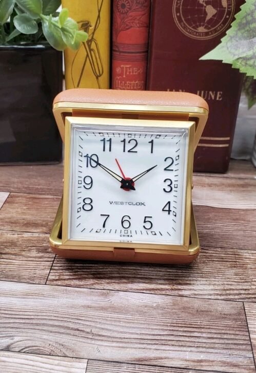 Vintage Westclox Folding Travel Alarm Clock Small 3" Brown Case Works Excellent