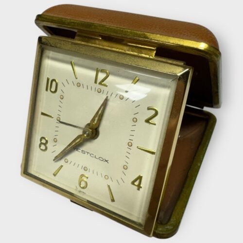 Vintage Westclox Travel Alarm Brown Folding Wind Up Clock TESTED WORKS