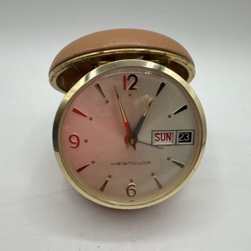 Vintage Westclox Travel Alarm Clock Germany Round Tan