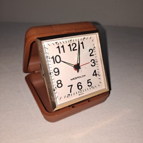 Vintage Westclox Travel Folding Small Alarm Clock Brown Plastic Case "Works"