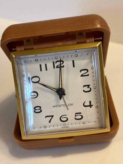 Vintage Westclox Travel Folding Small Alarm Clock Brown Plastic Case "Works"