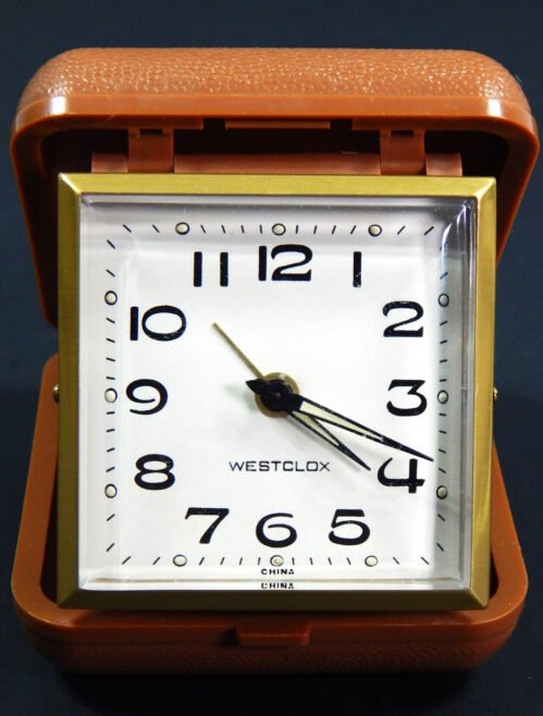 VINTAGE WESTCLOX TRAVEL POCKET ALARM CLOCK FOLDING HARD CASE WINDING TESTED! EUC