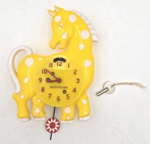 Vintage WESTCLOX Yellow HORSE PENDULETTE pendulum WALL CLOCK With Key Works