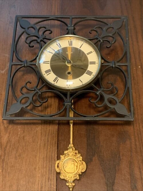 Vintage Westwood 8 Day Square Wall Clock w/Pendulum Works Wrought Iron 10”