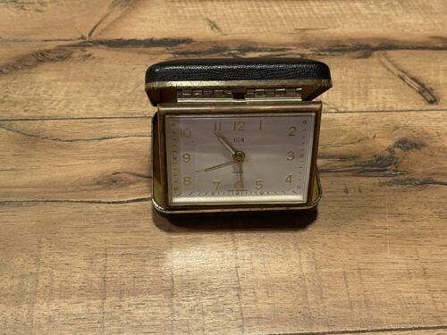 Vintage W. Germany Elgin fold up Travel Alarm Clock luminescent hands