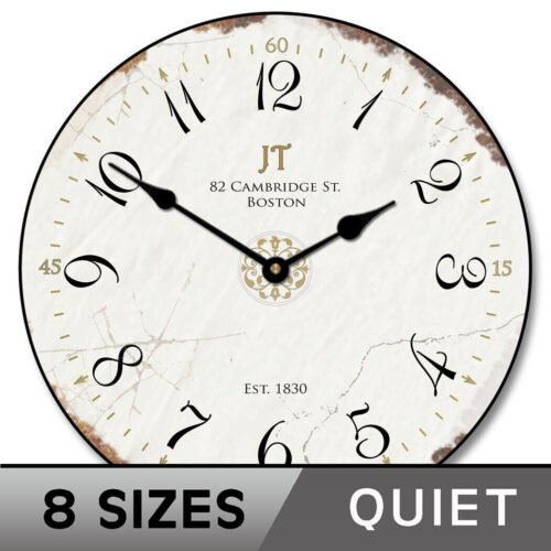 Vintage White Wall Clock, Comes in 8 sizes, Whisper Quiet, Lifetime Warranty
