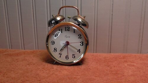 Vintage Wind Up. Round Gold Metal Twin Bell Keywind Alarm Clock by Equity