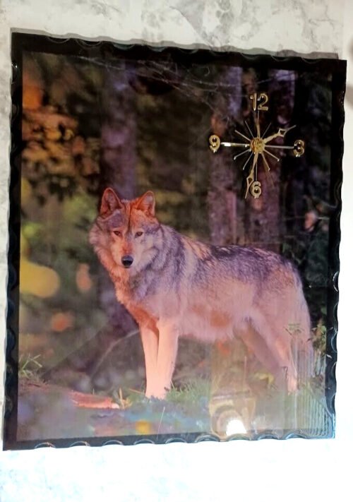 Vintage Wolf in the Woods Lacquered Wood Wall Clock WORKS 19x16 Beveled Edge