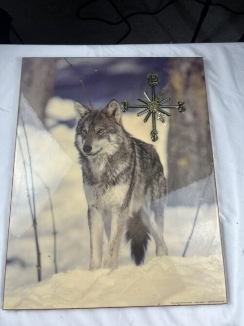 Vintage Wolf in the Woods Lacquered Wood Wall Clock WORKS 20”X16” Snow wolf