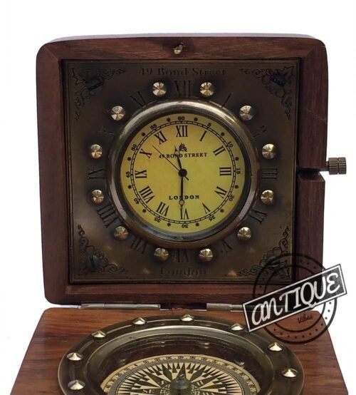 Vintage Wood Clock Compass in Rose Wood Box Desk Table Clocks Bedside Gift fo...