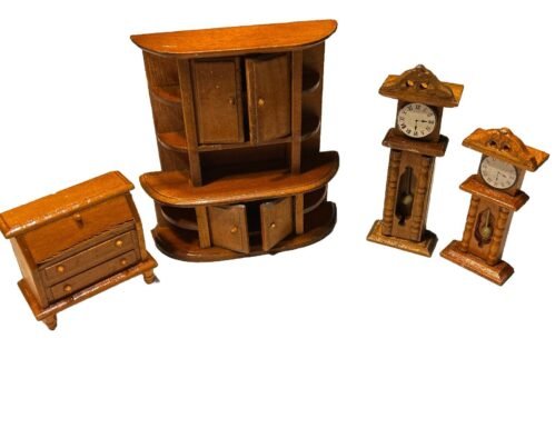 Vintage Wood Dollhouse Furniture Curio/Hutch, Desk, 2 Grandfather Clocks