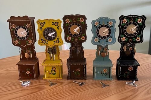 Vintage Wooden Miniature Grand Father Clocks, German Made- All 5 Working w/ Keys