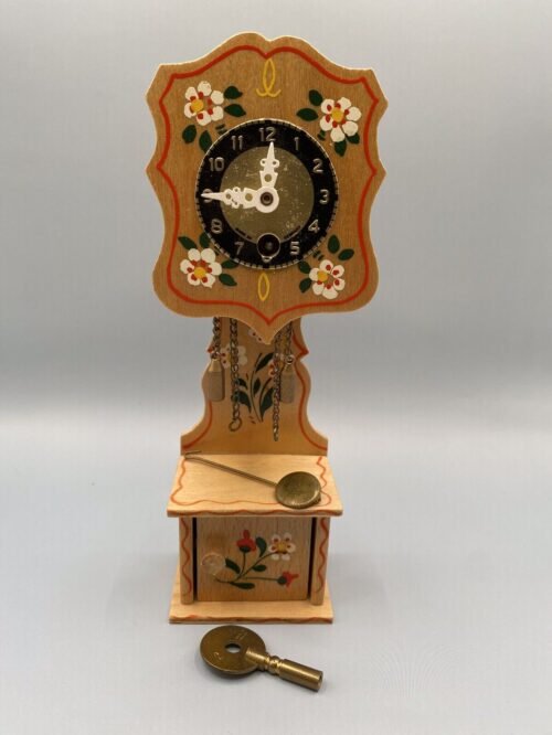 VINTAGE WOODEN MINIATURE WEST GERMANY GRANDFATHER CLOCK W/BOX