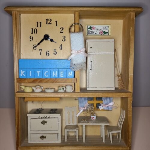 Vintage Wooden Minitures Miniture Kitchen Diorama Box Hanging Wood Clock Blue