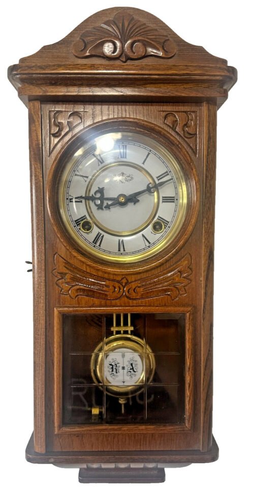 Vintage Wooden Pendulum Wall Clock – Working Condition – Glass Front – 23" Tall
