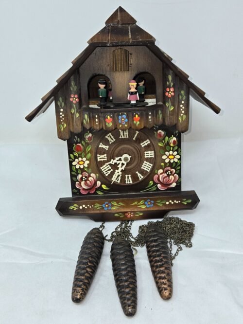 VINTAGE WOOD PAINTED GERMAN BLACK FOREST CUCKOO CLOCK W/CONES REGULA WORKS