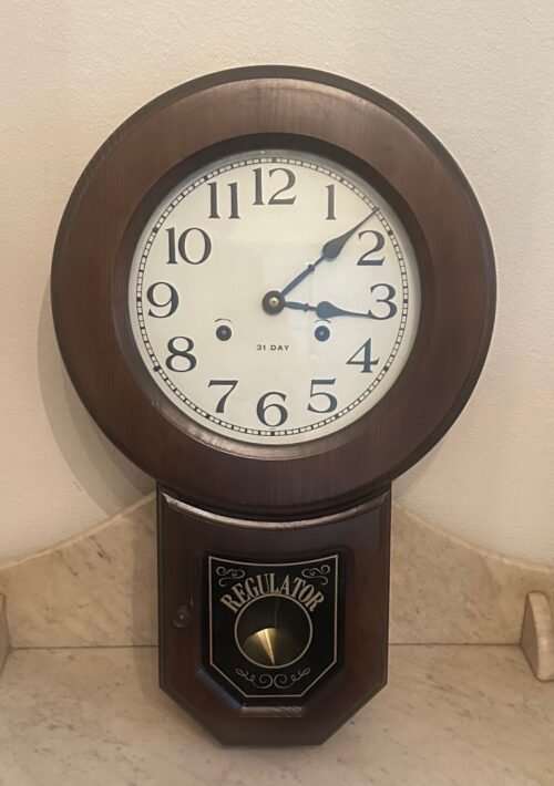 Vintage Wood Regulator Schoolhouse Wall Pendulum Clock w Key, 22"