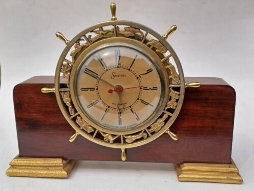 Vintage Working Sessions Zodiac Ships Wheel Electric Brass & Wood Mantel Clock