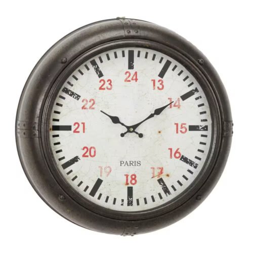 Vintage Wrought Iron Porthole-Shaped round Wall Clock with Textured Brown Frame