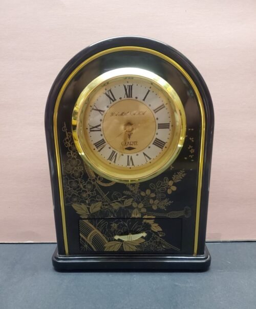 Vintage Yamanaka Quartz Mantel Clock Wall Mount Or Tabletop Black & Gold Floral