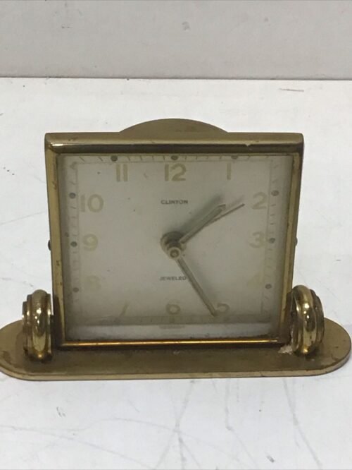 Vint West Germany Art Deco Clinton Brass Jeweled Alarm Clock Working Condition