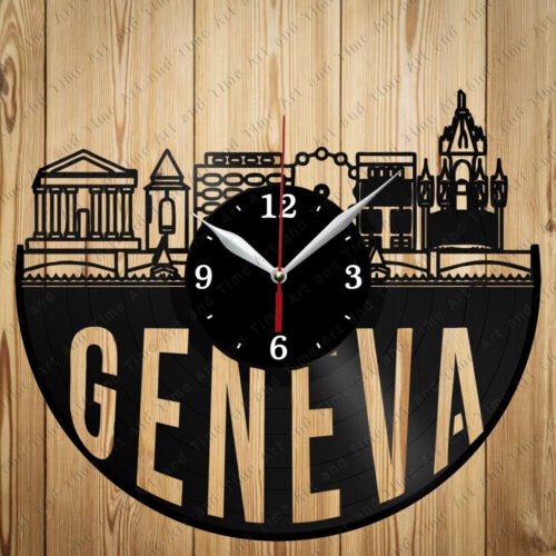 Vinyl Clock Geneva Skyline Vinyl Record Clock Handmade Original Gift 7088