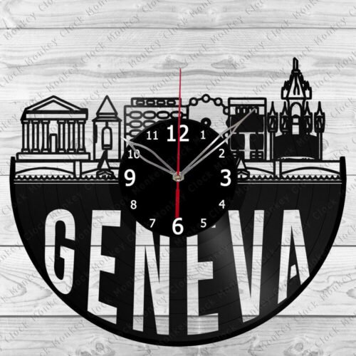Vinyl Clock Geneva Skyline Vinyl Record Wall Clock Home Art Decor Handmade 7088
