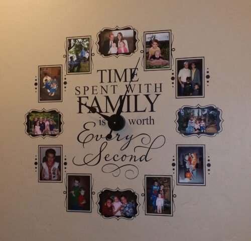 Vinyl Wall Clock Time Spent With Family... 5 x 7 photos in Black Vinyl Lettering
