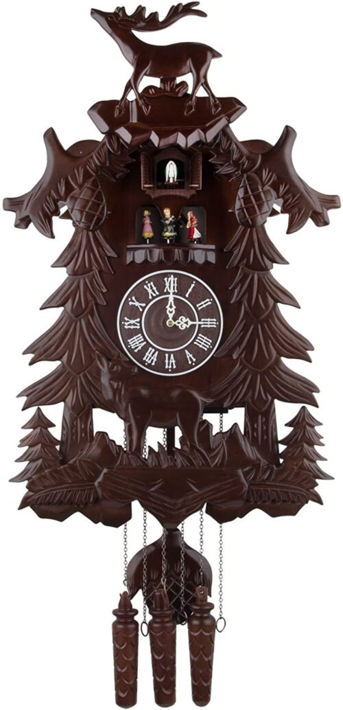 Vivid Large Deer Handcrafted Wood Cuckoo Clock with 4 Dancers Dancing with Music