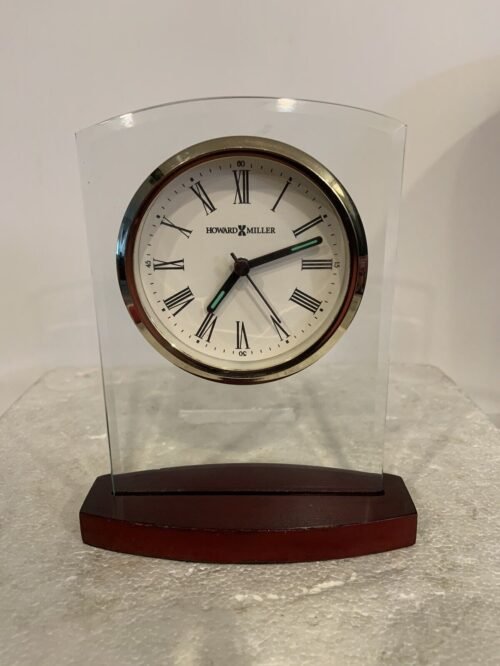 Vntg Howard Miller Desk Clock W/Alarm Wooden Base Glass Frame Tested RARE NICE