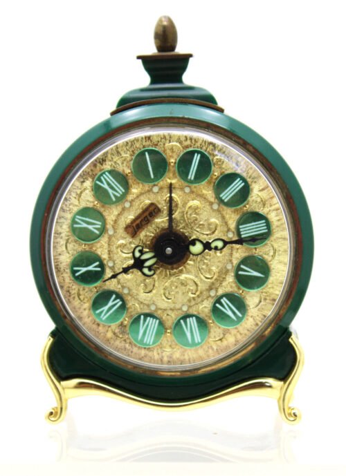 Vntg Jerger Table-top Alarm Clock Small Wind-up Green Gold Tone Germany WORKS!