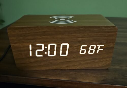 Voice Activated Wooden Clock, LED USB Alarm with Temperature and Time Display