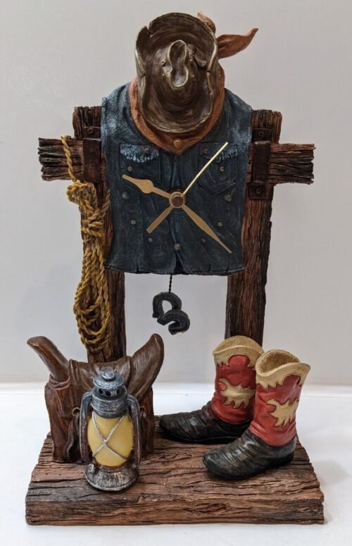 Vtg 12" Western Table Clock Cowboy Hat Boots Horse Saddle