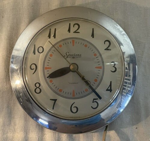 Vtg. 1950s MCM Retro Sessions Round Kitchen Wall Clock Chrome Excellent Working