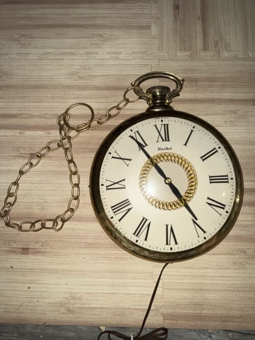 Vtg 1960s UNITED POCKET WATCH Wall Clock MODEL 47 Working W/Chain MCM.