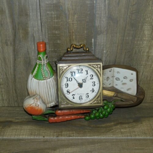 Vtg 1970s Burwood New Haven Cheese Wine Vegetable Kitchen Wall Clock 16" x 11.5"
