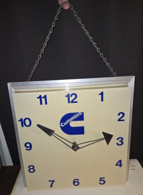Vtg 1970s Cummins Engines Wall Hanging Clock Lighted 16x16" garage man cave RARE
